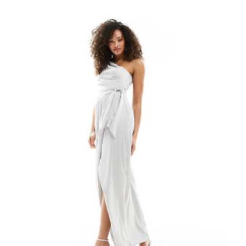 TFNC Bridesmaids one shoulder maxi dress with pleated detail in silver